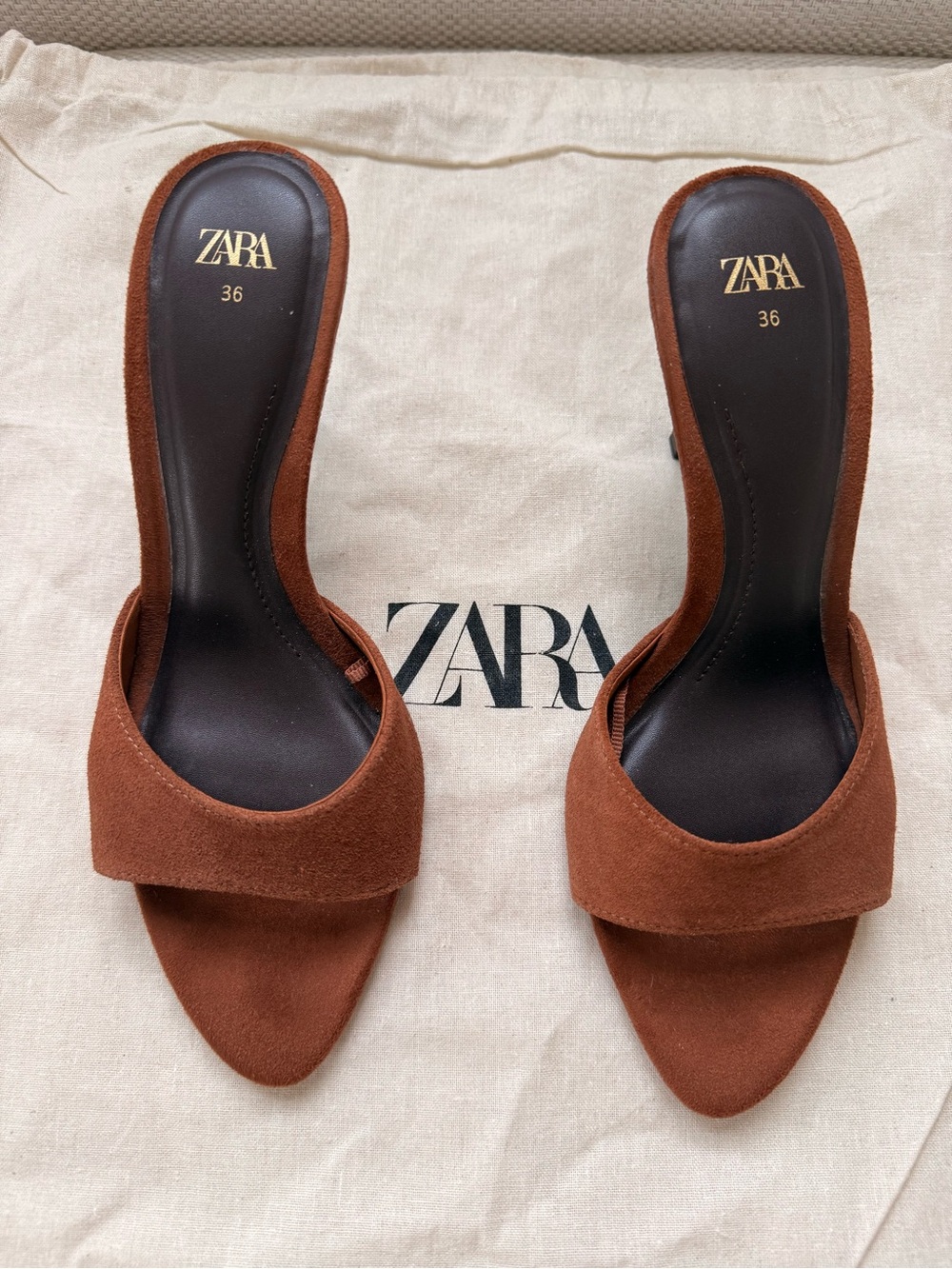 Zara Brown Suede Open-Toe Slide Heels